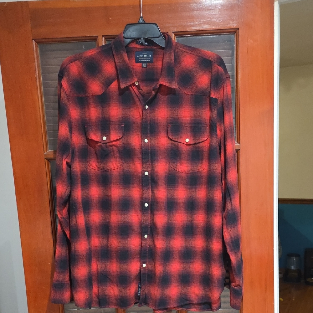 Lucky Brand Red and Black Plaid Casual Button Down Shirt